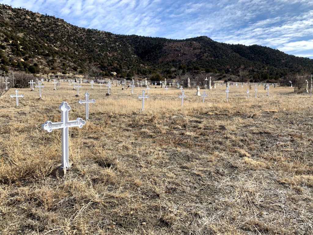 Nearly 400 white iron crosses mark the burial sites of the men who died in the mine disasters of 1913 and 1923 at historic Dawson Cemetery.