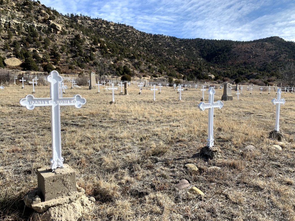 White iron crosses mark the graves of hundreds of miners who were killed in major explosions in 1913 and 1923 in Dawson, New Mexico.  (Photos by Nick Pappas)