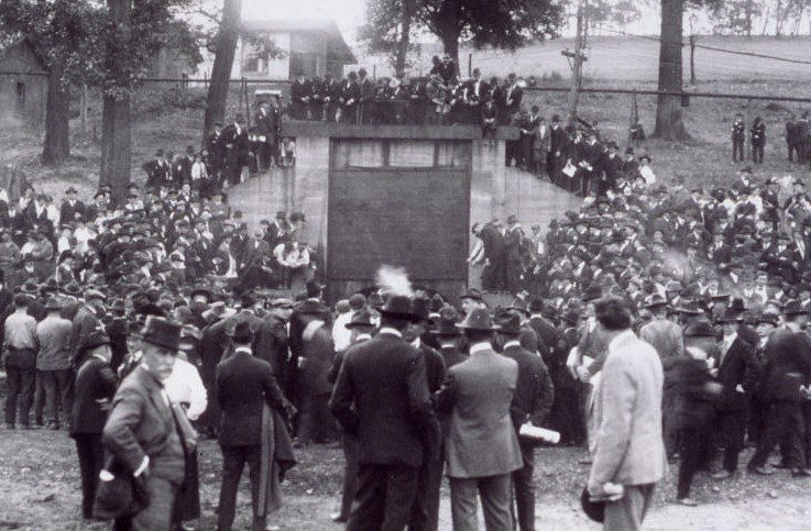 Roughly 1,500 people turned out for the first public demonstration at the U.S. government's Experimental Mine in Bruceton, Pennlysvania, on Oct. 30, 1911. A controlled blast that day confirmed that coal mines could explode without the presence of dangerous gases. (Photo courtesy of the U.S. Department of the Interior)